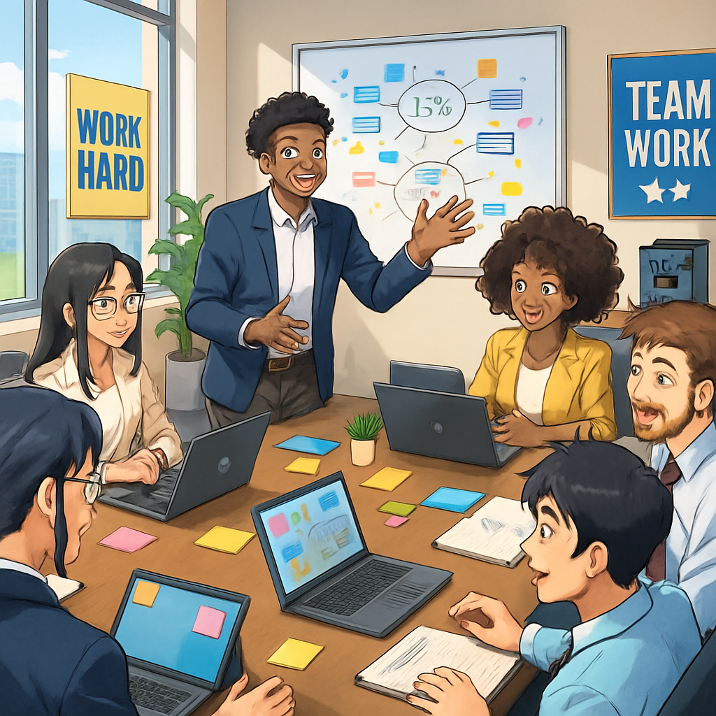 A diverse group of professionals is gathered around a large conference table in a modern office space, engaged in a lively discussion. The room is bright, filled with natural light streaming through large windows, and adorned with motivational posters on the walls. Participants, a mix of genders and ethnicities, are actively sharing ideas, with one person standing and gesturing animatedly while others listen attentively. Laptops and notepads are scattered across the table, with colorful sticky notes highlighting key points. A whiteboard in the background displays a mind map filled with colorful diagrams and bullet points. The atmosphere is collaborative and dynamic, reflecting a sense of synergy and teamwork. In the corner, a coffee station offers refreshments, suggesting a casual yet focused environment where creativity and problem-solving thrive.