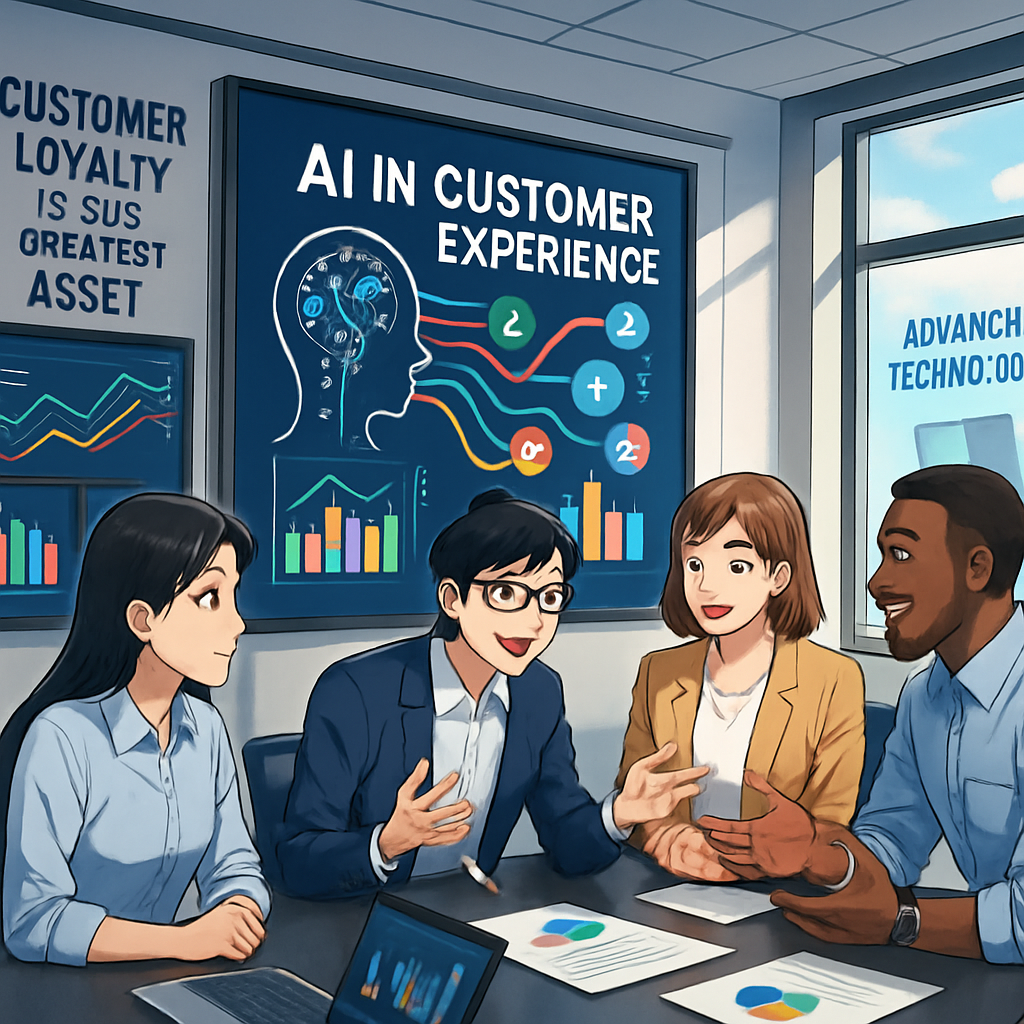 A group of individuals around a table with "AI in Customer Experience" on a screen in the background with an electronic brain image