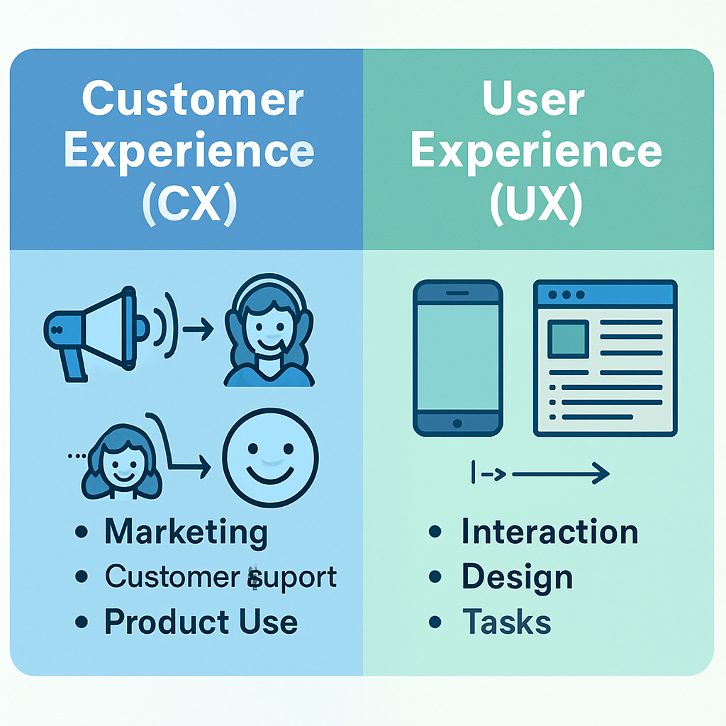 CX indicates marketing, customer support and product use, while UX indicates interaction, design, and tasks.