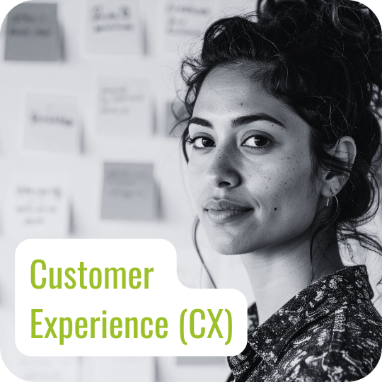 Woman's face with Customer Experience text Woman's face with Customer Experience text