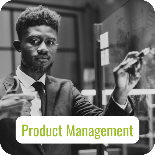 Black man pointing at clear whiteboard with "product Management" text 