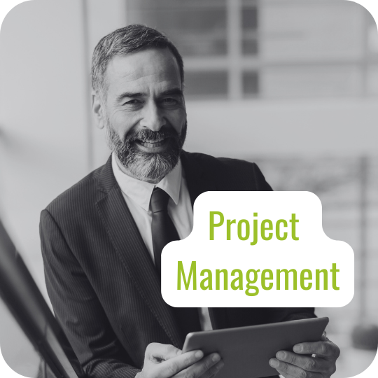 Man in suitjacket with tablet with "Project Management" text